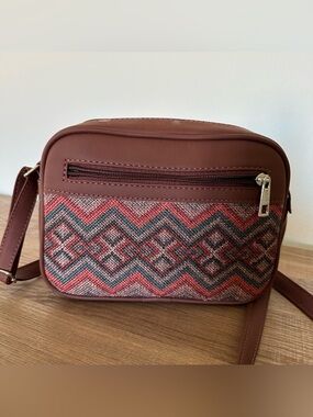 Zouk Boho Crossbody Bag Vegan Leather Woven Print Earth Tones